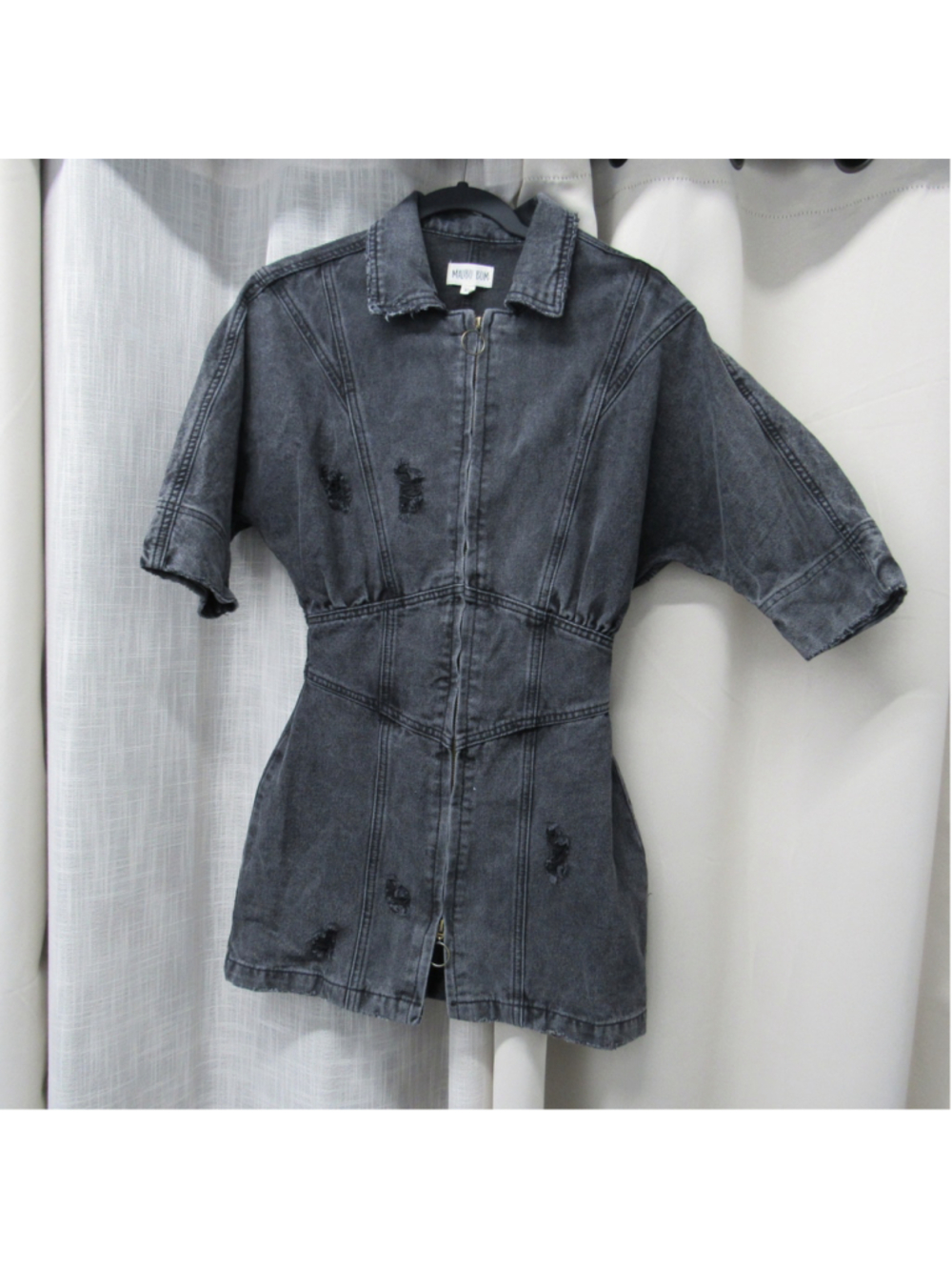 Malibu Bum Acid Wash Black Distressed Denim Zip Front Mini Dress XS